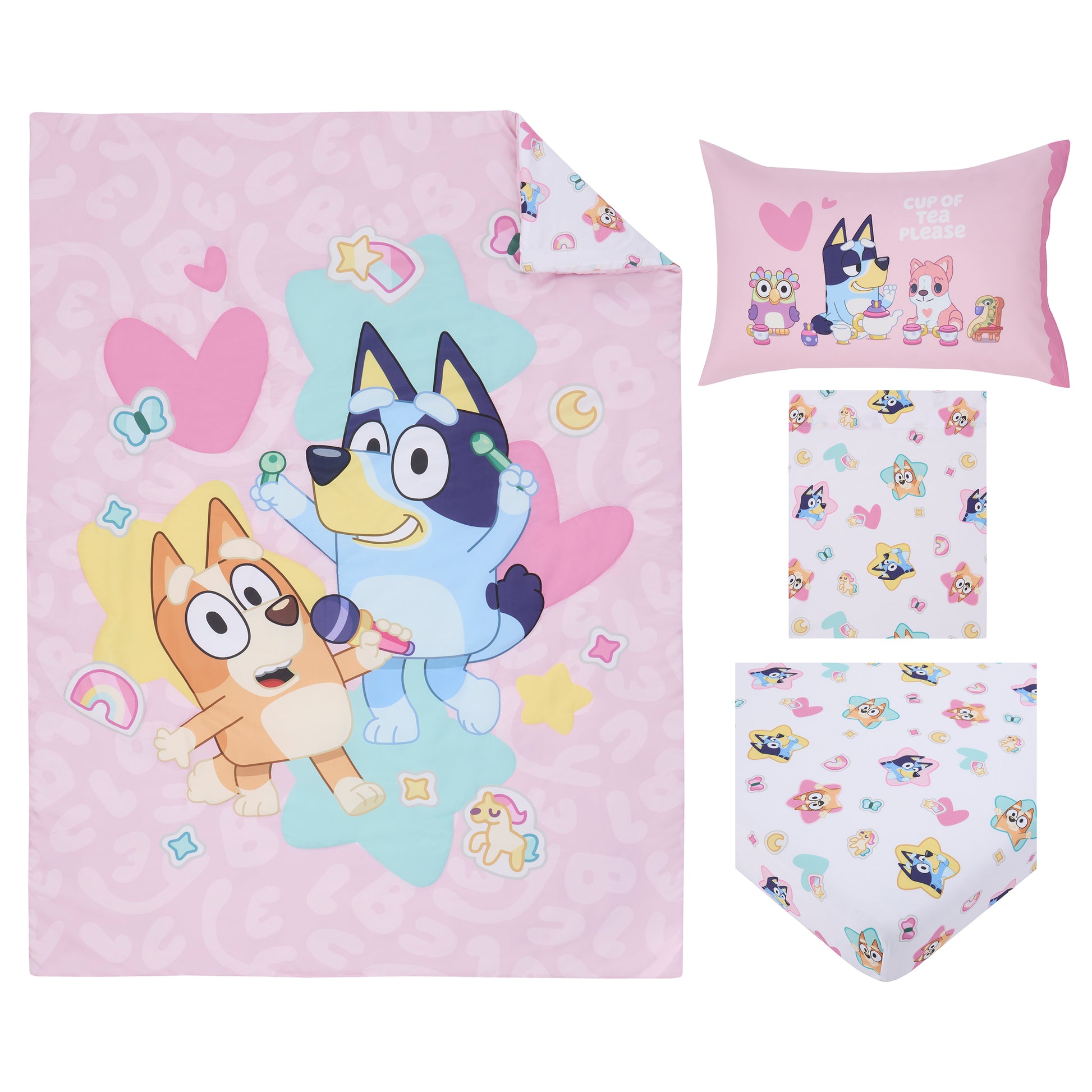 NoJo Bluey Best Day Ever 4 Piece Toddler Bed Set - Comforter, Fitted Bottom Sheet, Flat Top Sheet, Reversible Pillowcase, Pink & Aqua