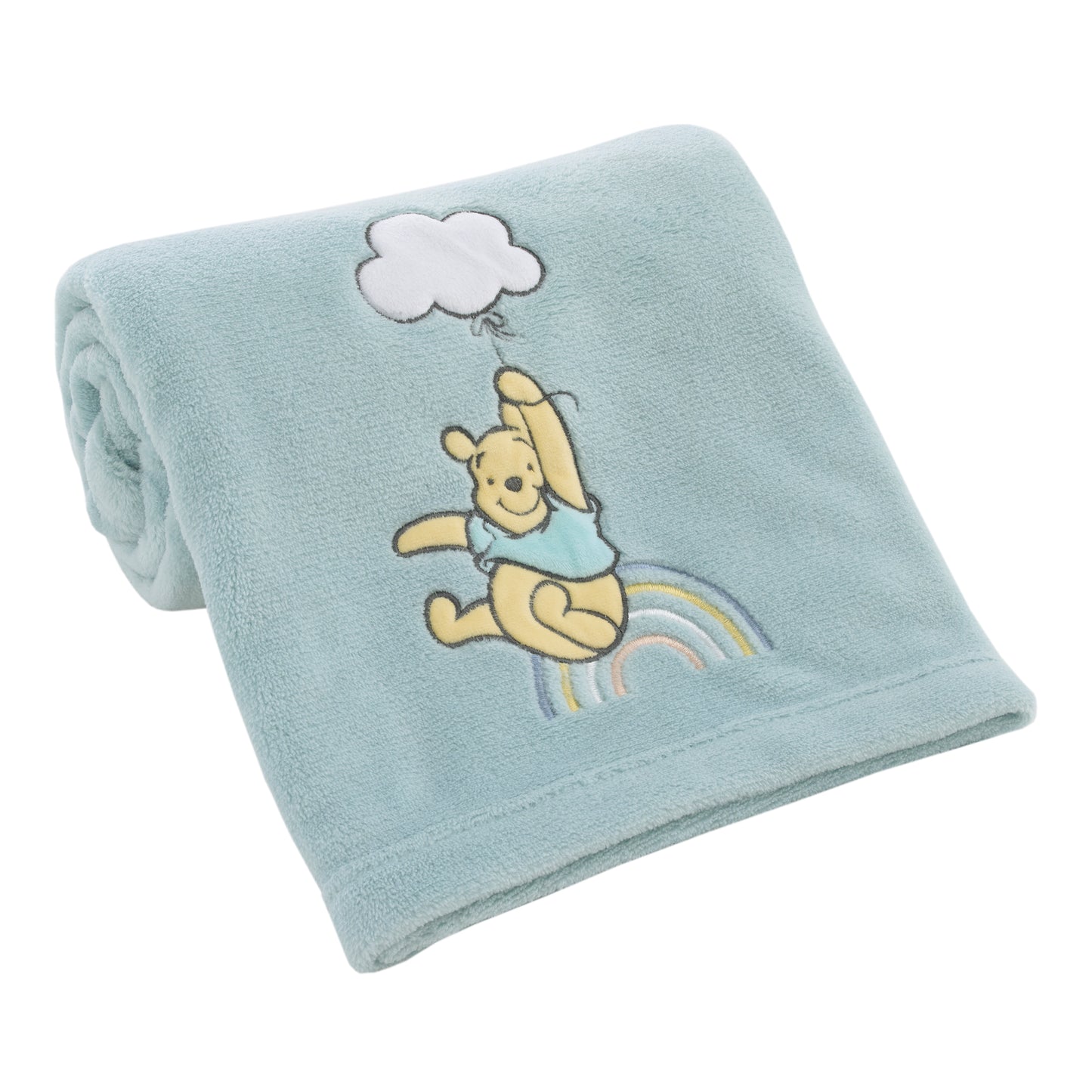 Disney Winnie the Pooh Hello Sunshine Aqua Super Soft Baby Blanket with Multi Colored Rainbow and Cloud Applique