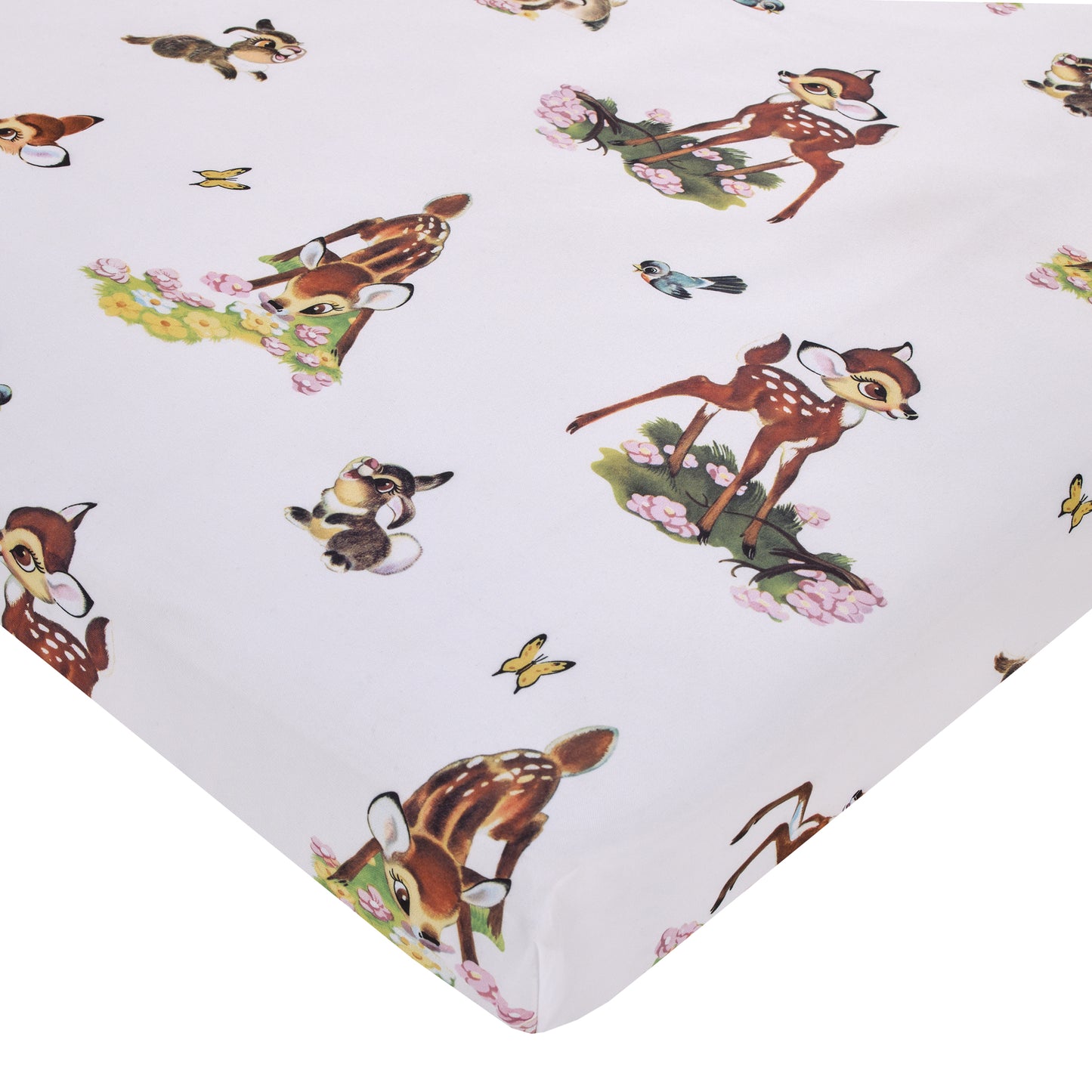 Disney Vintage Bambi - Tan, Green and White, Bambi and Thumper Floral Nursery Fitted Mini Crib Sheet