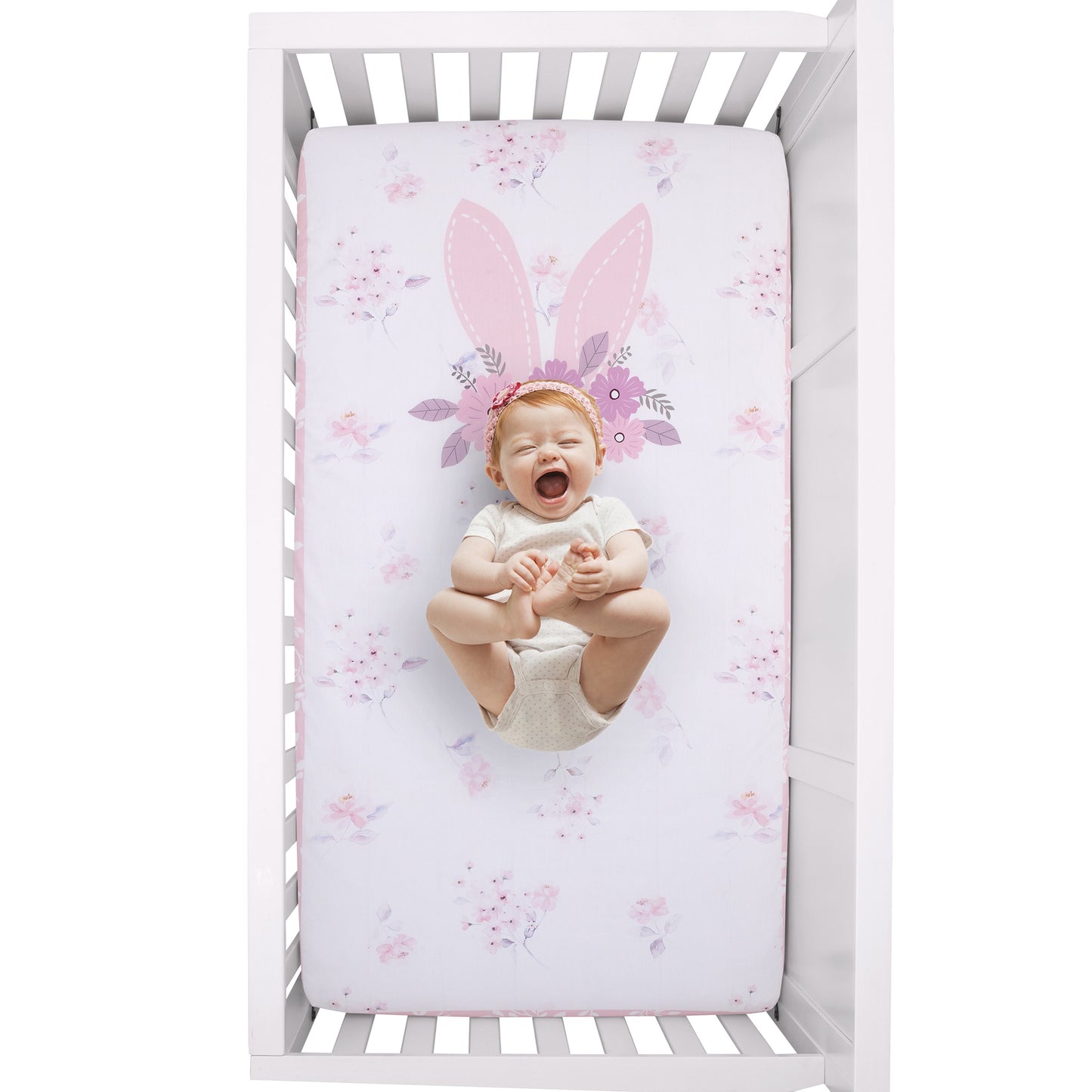 NoJo Flower Bunny Pink, White, and Lavender Bunny Ears 100% Cotton Nursery Photo Op Fitted Crib Sheet