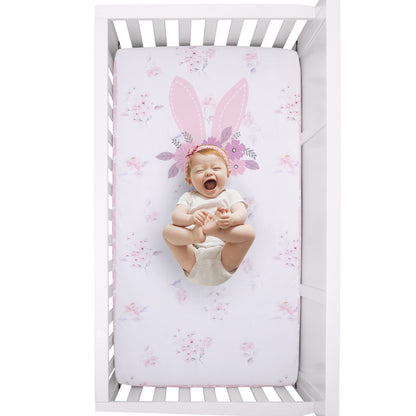 NoJo Flower Bunny Pink, White, and Lavender Bunny Ears 100% Cotton Nursery Photo Op Fitted Crib Sheet