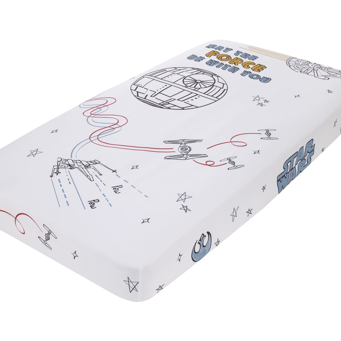 Star Wars May the Force Be With You White, Blue, and Gold Millennium Falcon and Death Star Photo Op Nursery Fitted Crib Sheet