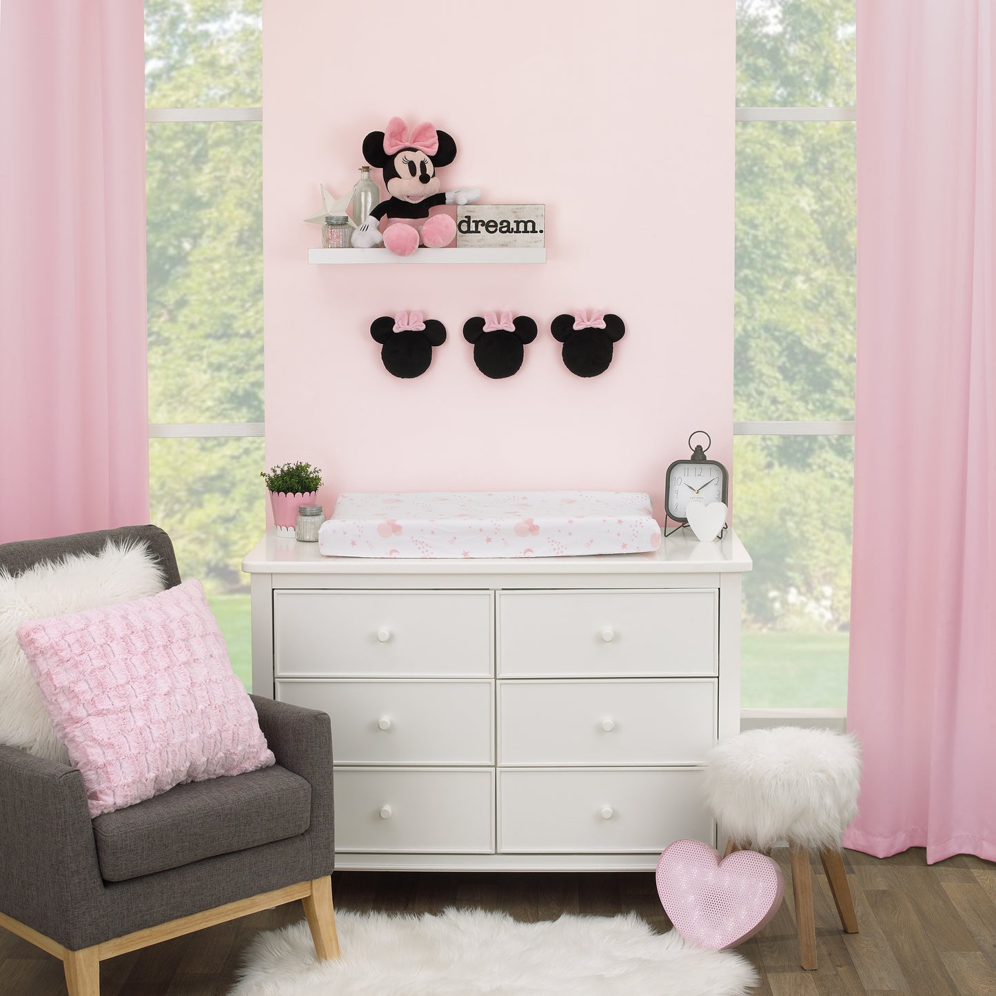 Disney Minnie Mouse Shaped Black Plush with Pink Bow 3 Piece Wall Décor