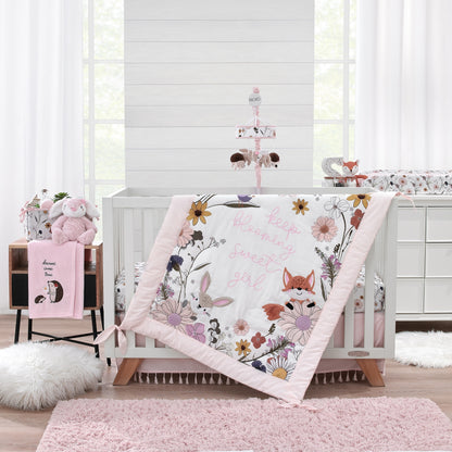 NoJo Keep Blooming Pink Florals with Taupe Bunny and Brown Hedgehog Musical Mobile