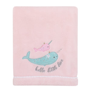Under the Sea Whimsy Pink and Blue Narwhals Super Soft Appliqued Baby Blanket