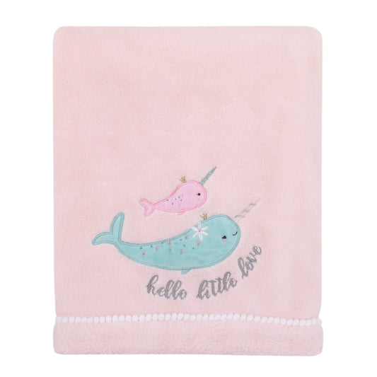 Under the Sea Whimsy Pink and Blue Narwhals Super Soft Appliqued Baby Blanket