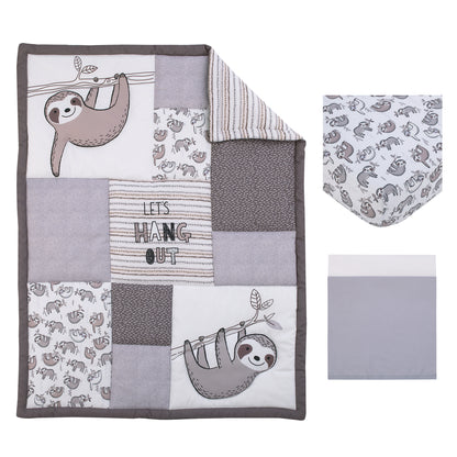 Little Love by NoJo Sloth Let's Hang Out Grey, White and Charcoal 3 Piece Nursery Crib Bedding Set - Comforter, Crib Sheet, Dust Ruffle