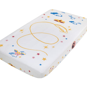 Warner Bros  Wonder Woman White and Gold Star-Tiara, Lasso of Truth, and the Invisible Jet Photo Op Nursery Fitted Crib Sheet