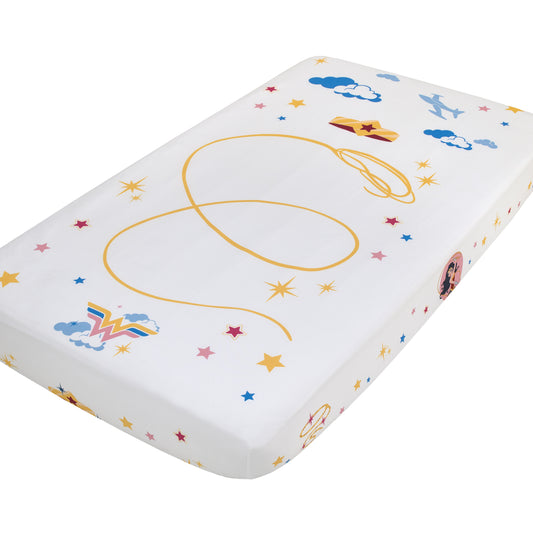 Warner Bros  Wonder Woman White and Gold Star-Tiara, Lasso of Truth, and the Invisible Jet Photo Op Nursery Fitted Crib Sheet