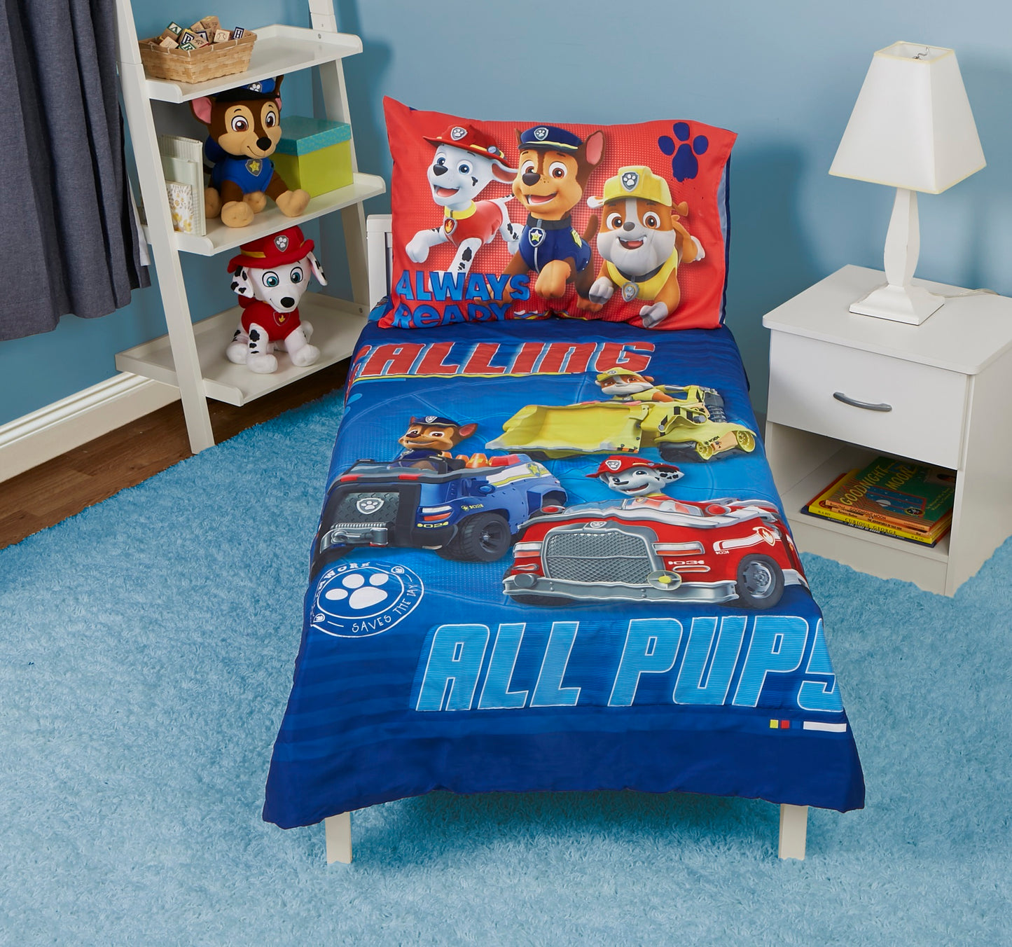 NoJo Paw Patrol Calling All Pups 4 Piece Toddler Bed Set Includes - Comforter, Fitted Bottom Sheet, Flat Top Sheet, Reversible Pillowcase