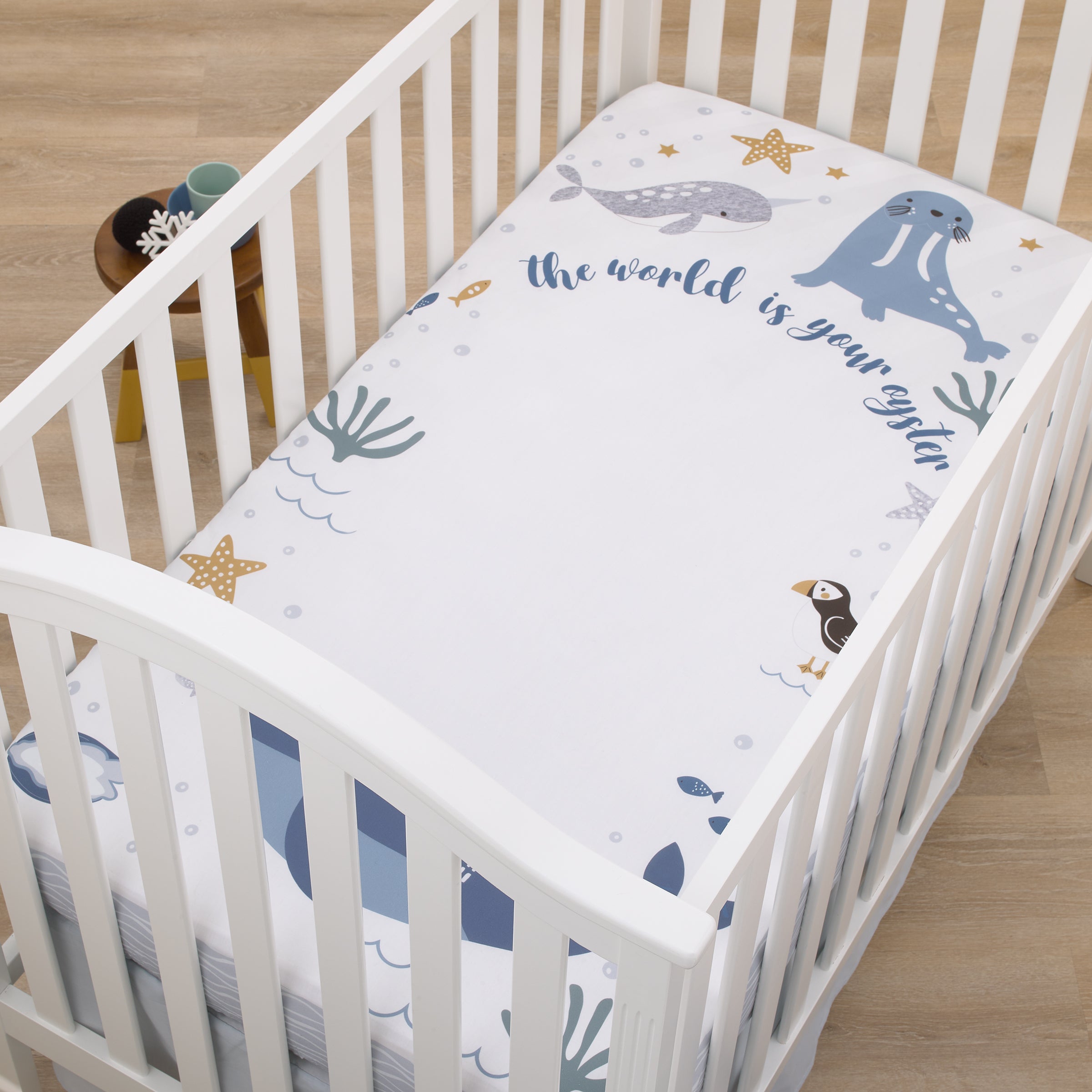 NoJo Arctic Adventure Light Blue White and Navy Whales Narwhal and Walrus The World is your Oyster 100 Cotton Photo Op Fitted Crib Sheet NoJo Baby