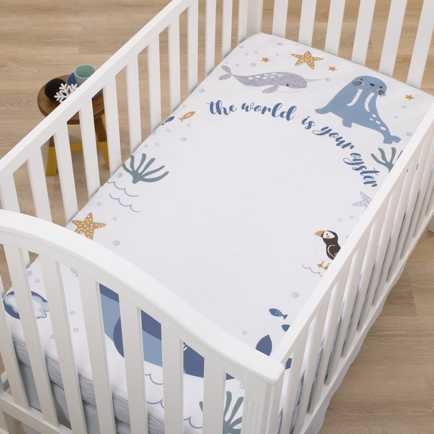 NoJo Arctic Adventure Light Blue, White, and Navy Whales, Narwhal, and Walrus "The World is your Oyster" 100% Cotton Photo Op Fitted Crib Sheet