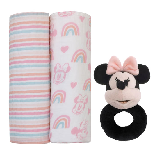 Disney Minnie Mouse White, Pink, and Aqua 2Pk 100% Cotton Muslin Swaddles with Plush Rattle