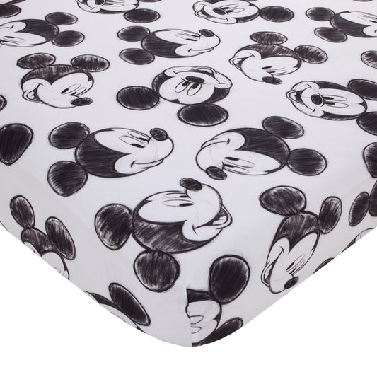 Disney Mickey Mouse - Charcoal Black and White Smiling Mickey Mouse Nursery Fitted Crib Sheet