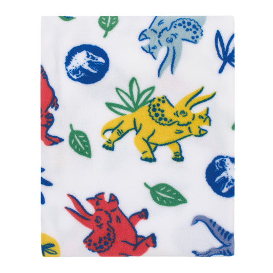 Universal Jurassic World Wild and Free Blue, Green, and Yellow Dinosaur Super Soft Plush Toddler Blanket