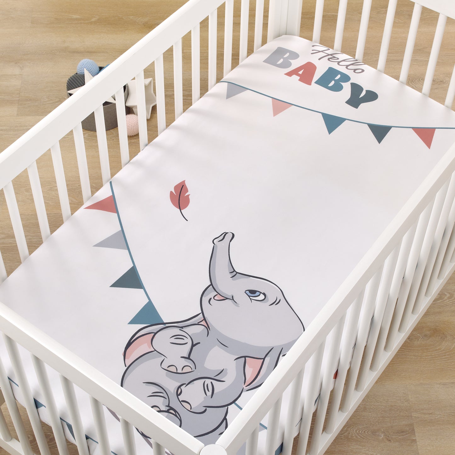 Disney Dumbo Gray, Teal, and White "Hello Baby" Nursery Photo Op Fitted Crib Sheet