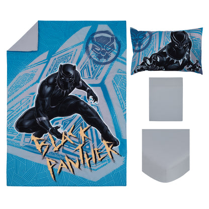 Marvel Black Panther Blue, Black, and Grey Warrior King 4 Piece Toddler Bed Set - Comforter, Fitted Bottom Sheet, Flat Top Sheet and Reversible Pillowcase