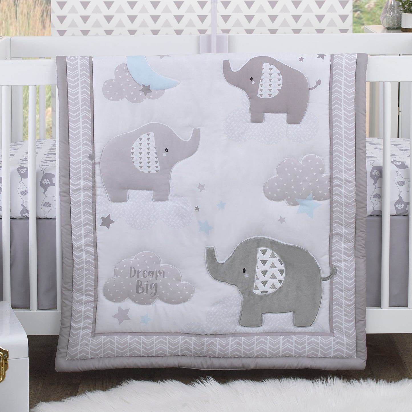 Little Love by NoJo Elephant Stroll Dream Big Clouds and Stars with Chevron Border 3 Piece Nursery Crib Bedding Set - Comforter, Fitted Crib Sheet, and Crib Skirt