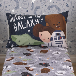 Star Wars Welcome to the Galaxy Navy and Gray Yoda, Princess Leia, R2-D2, and Chewbacca 2 Piece Toddler Sheet Set - Fitted Bottom Sheet and Reversible Pillowcase