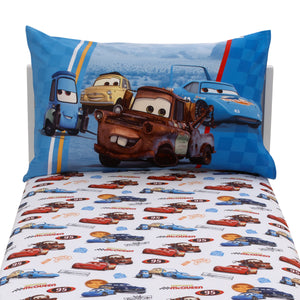 Disney Cars Radiator Springs White, Blue, and Red Lightning McQueen and Tow-Mater 2 Piece Toddler Sheet Set - Fitted Bottom Sheet and Reversible Pillowcase