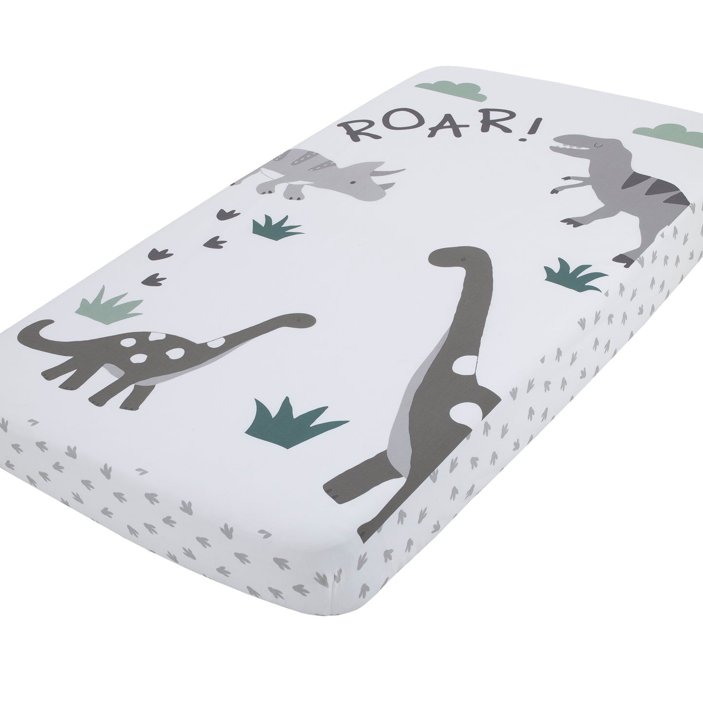 NoJo Baby-Saurus Photo Op ROAR White, Gray, and Green Dinosaur with Clouds Nursery Fitted Crib Sheet
