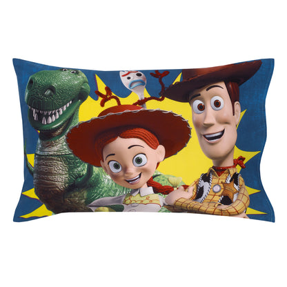 Disney Toy Story Taking Action Blue, Green and Yellow 4 Piece Toddler Bed Set - Comforter, Fitted Bottom Sheet, Flat Top Sheet, and Reversible Pillowcase