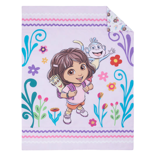 NoJo Dora Adventure Awaits 4 Piece Toddler Bed Set - Comforter, Fitted Bottom Sheet, Flat Top Sheet, Reversible Pillowcase, Lavender