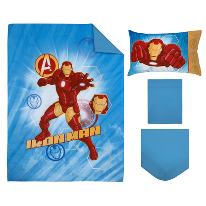 Marvel Avengers - Iron Man Blue, Red, and Gold 4 Piece Toddler Bedding Set - Comforter, Fitted Bottom Sheet, Flat Top Sheet and Reversible Pillowcase