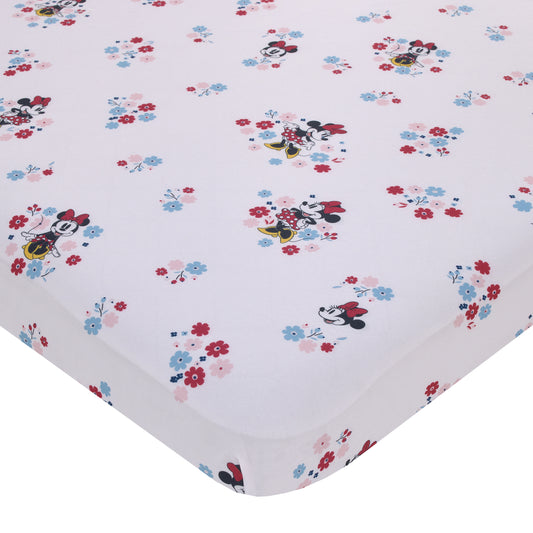 Disney Minnie Mouse - Pink, Blue and White Small Town Floral Nursery Fitted Mini Crib Sheet