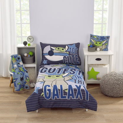 Star Wars The Child Cutest in the Galaxy Blue, Green and Gray, "Too Cute" Grogu, Stars, Hover Pod, and Sorgan Frog 4 Piece Toddler Bed Set - Comforter, Fitted Bottom Sheet, Flat Top Sheet, and Reversible Pillowcase