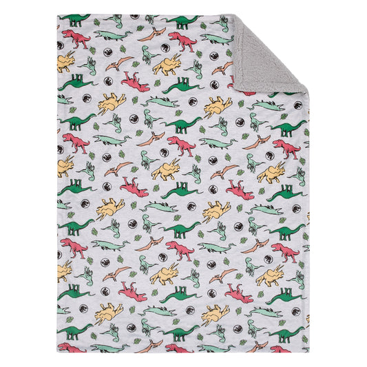 Jurassic World Grey, Green, Orange and Yellow Dinosaur Super Soft Sherpa Baby Blanket