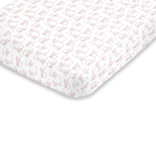 NoJo Super Soft Pink and White Purrdy Kitty Cat Fitted Mini Crib Sheet