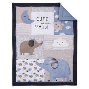Carter's Blue Elephant - Chambray, Navy, Gray and White Elephant, Moon, Clouds and Stars 3 Piece Nursery Crib Bedding Set - Comforter, Fitted Crib Sheet and Crib Skirt