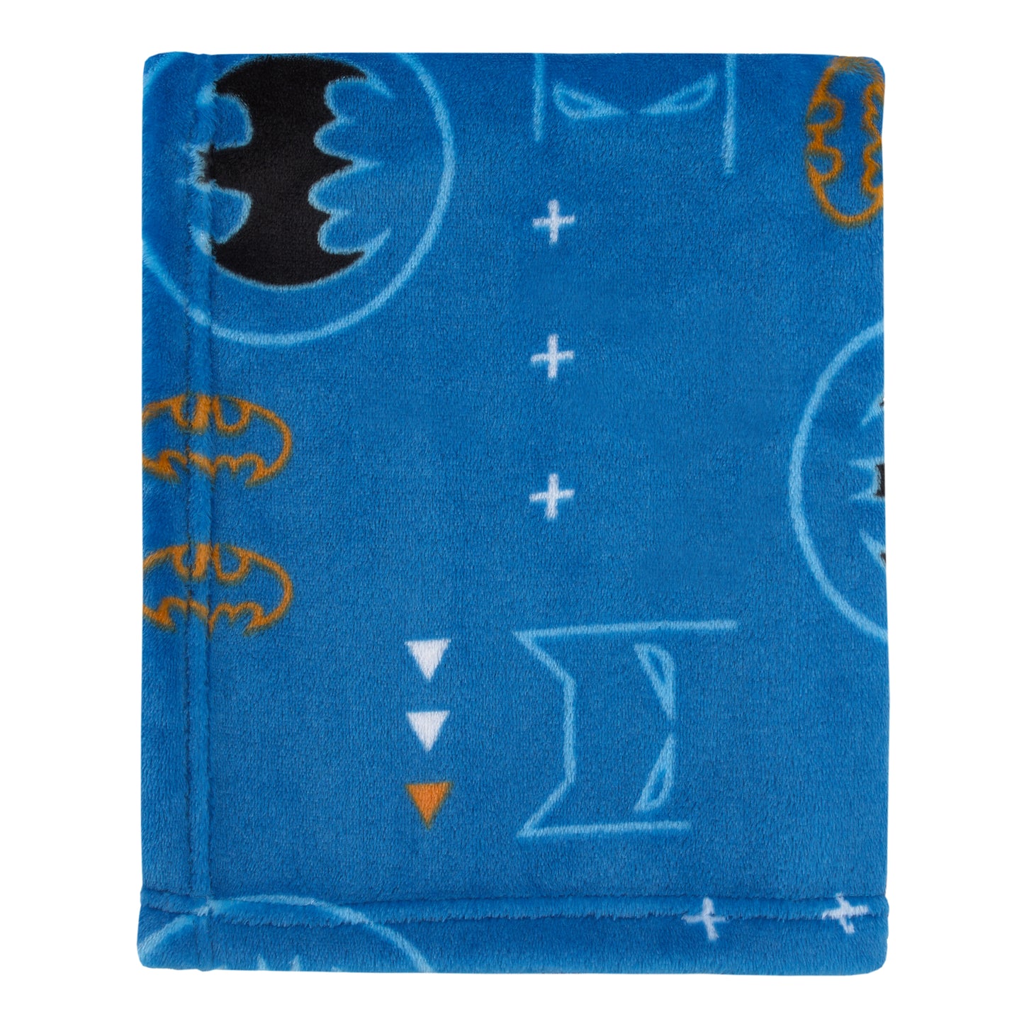 Warner Brothers Batman Blue, Orange, and White with Icons, Emblems, and Triangles Super Soft Baby Blanket