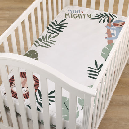 NoJo Jungle Paradise Mini & Mighty Green, Gray and White Lion, Sloth, and Leopard 100% Cotton Photo Op Fitted Crib Sheet