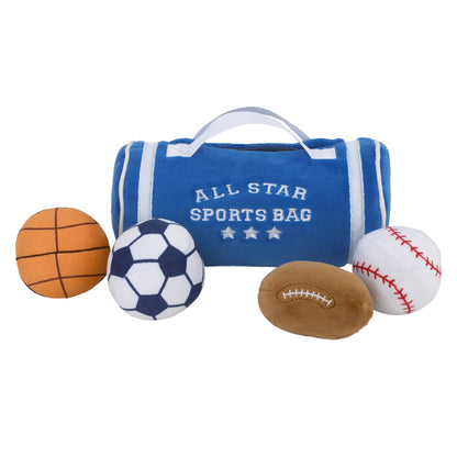 Little Love by NoJo All Star Sports Bag Blue Plush 5 Piece Toy Set - Sports Bag, Baseball, Basketball, Soccer Ball, and Football