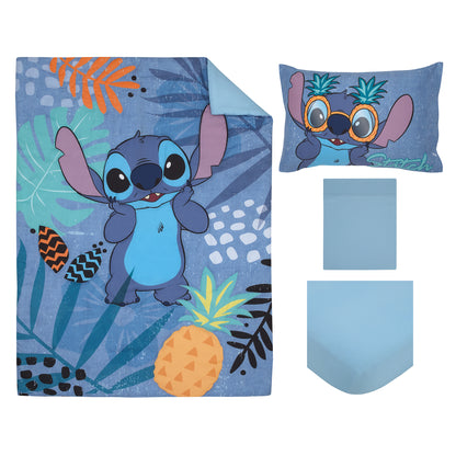 Disney Stitch Weird But Cute Blue, Teal and Coral 4 Piece Toddler Bed Set - Comforter, Fitted Bottom Sheet, Flat Top Sheet, and Reversible Pillowcase