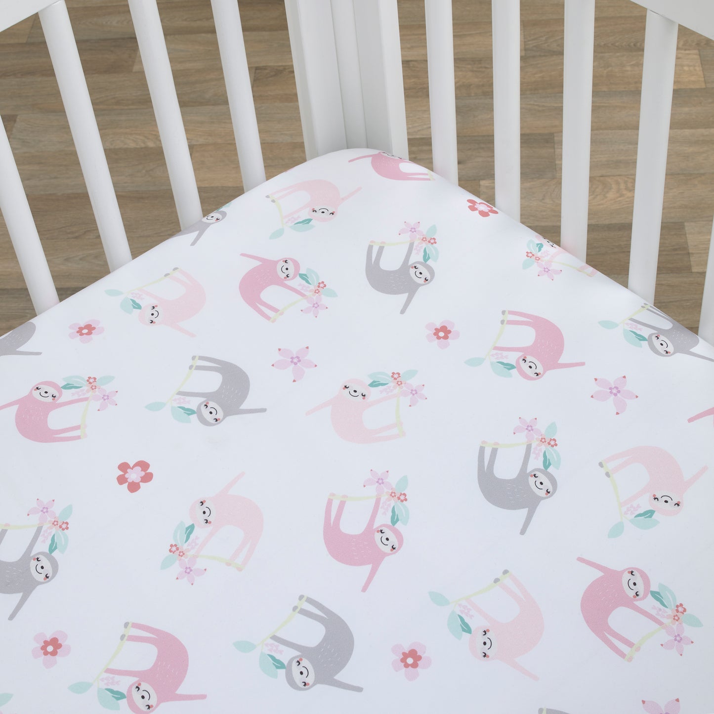 Little Love by NoJo Tropical Garden Pink, Grey, and White Sloth Super Soft Fitted Crib Sheet