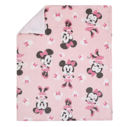 Disney Minnie Mouse Pink, White and Black Bows Super Soft Sherpa Baby Blanket