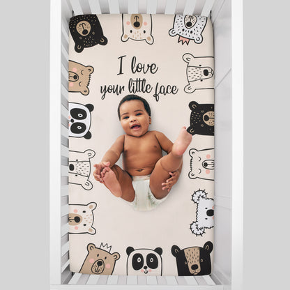 NoJo I Love Your Little Face Bears White 100% Cotton Photo Op Nursery Fitted Crib Sheet