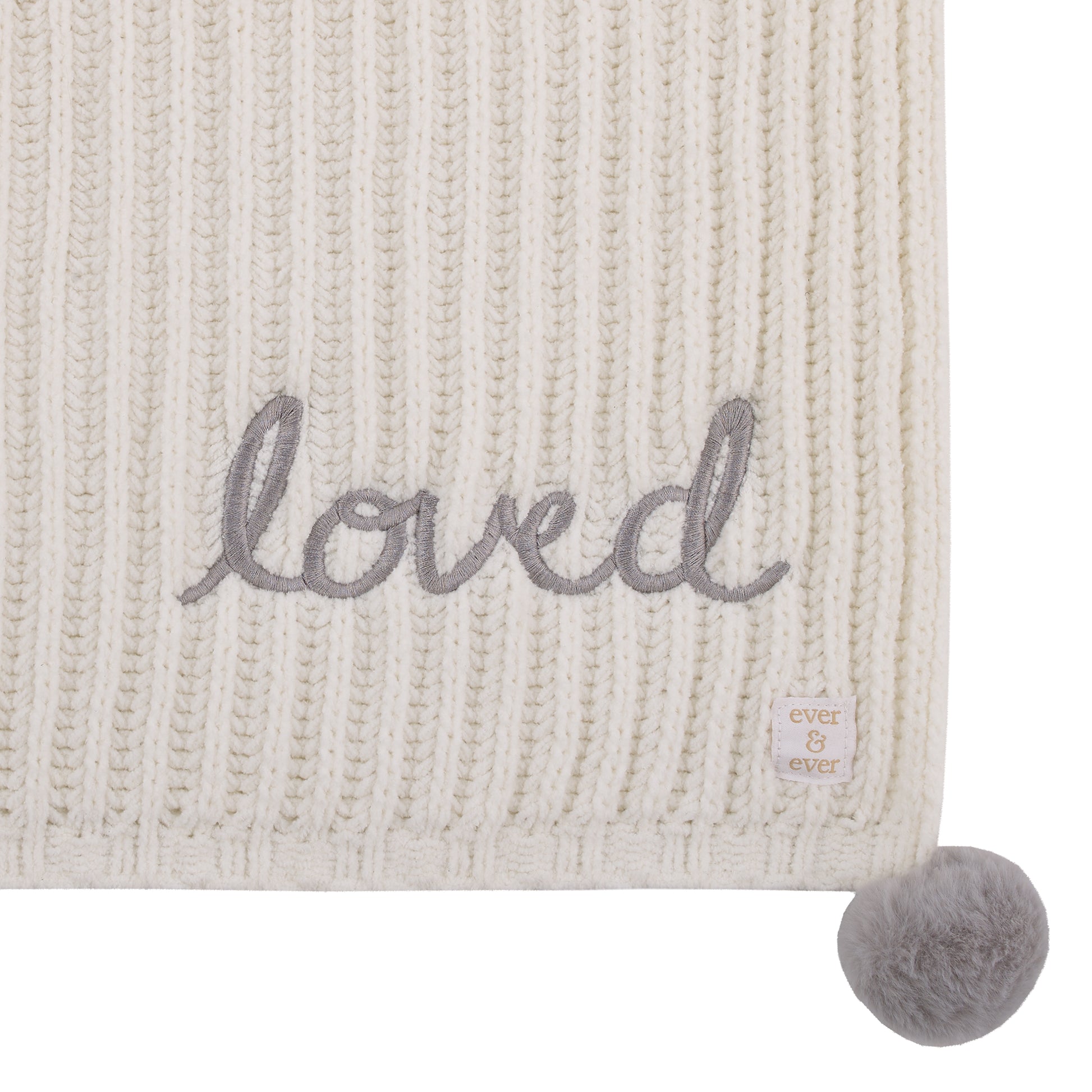 Ever & Ever Loved Ivory Chenille Super Soft Pom Pom Baby Blanket with Embroidery