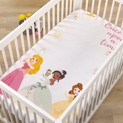 Disney Princess Make A Wish Pink, White and Yellow "Once Upon a Time" Nursery Photo Op Fitted Crib Sheet