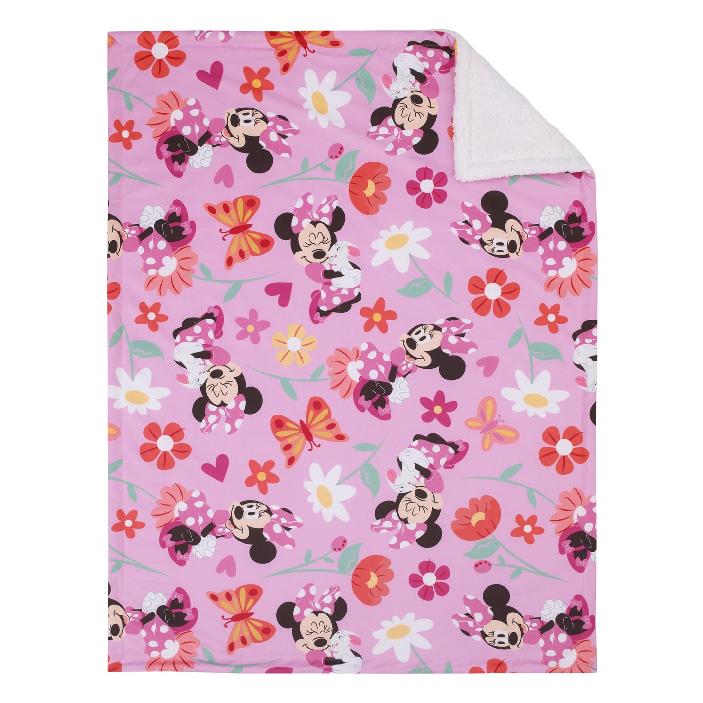 Disney Minnie Mouse Springtime Flowers Pink Orange, Green, and White Super Soft Sherpa Baby Blanket