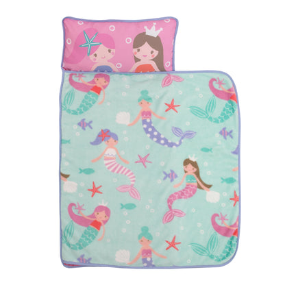 Everything Kids Pink and Aqua Mermaid Toddler Nap Mat with Pillow and Blanket