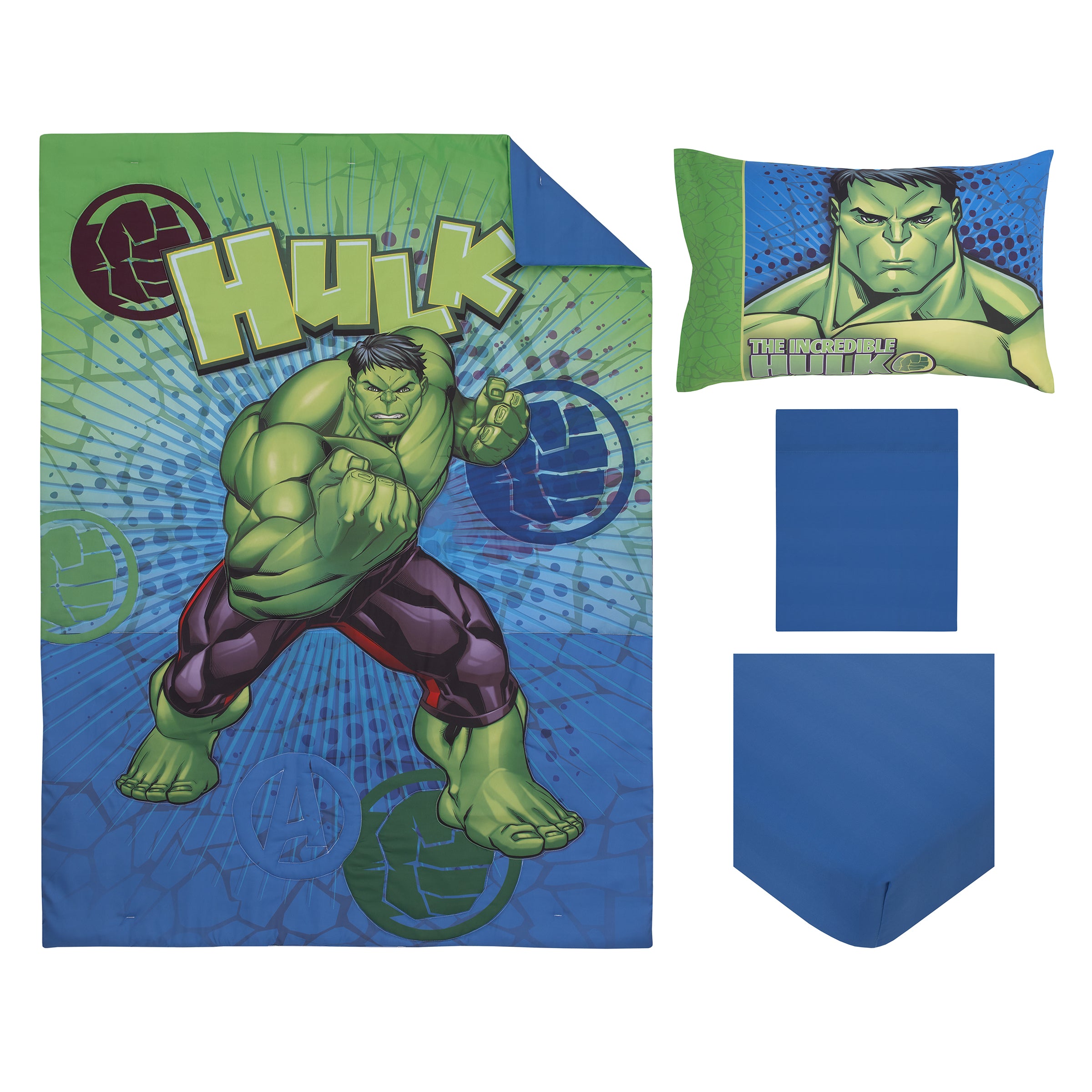 Marvel The Incredible Hulk Green and Blue 4 Piece Toddler Bed Set C NoJo Baby