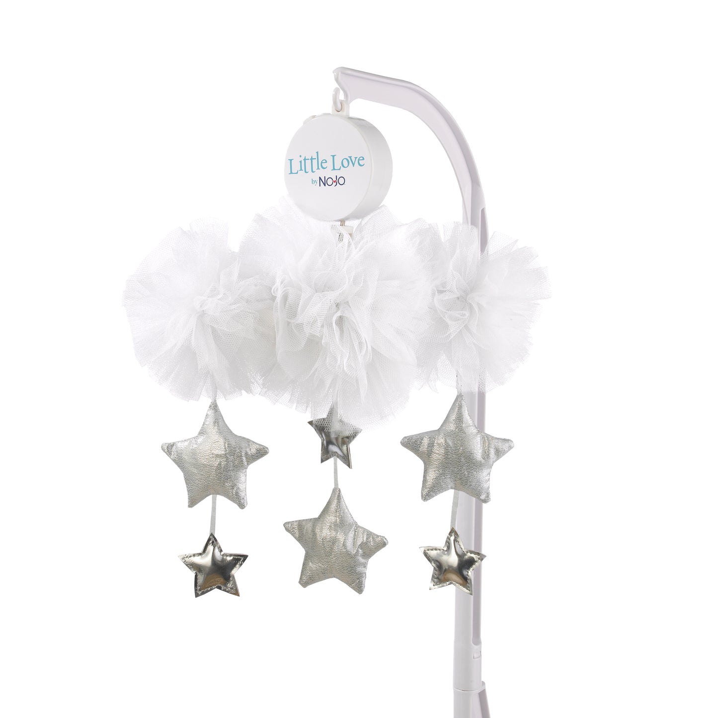 Little Love by NoJo White Tulle Cloud with Silver Metallic Stars Nursery Crib Musical Mobile