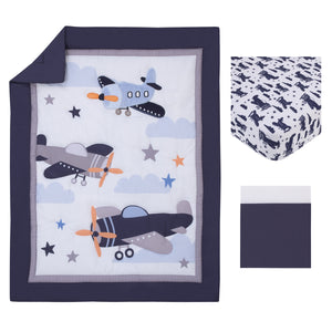 Little Love by NoJo Soar High Little One Navy, Light Blue, Orange, and White Airplanes, Clouds, and Stars 3 Piece Nursery Crib Bedding Set - Comforter, Fitted Crib Sheet and Crib Skirt