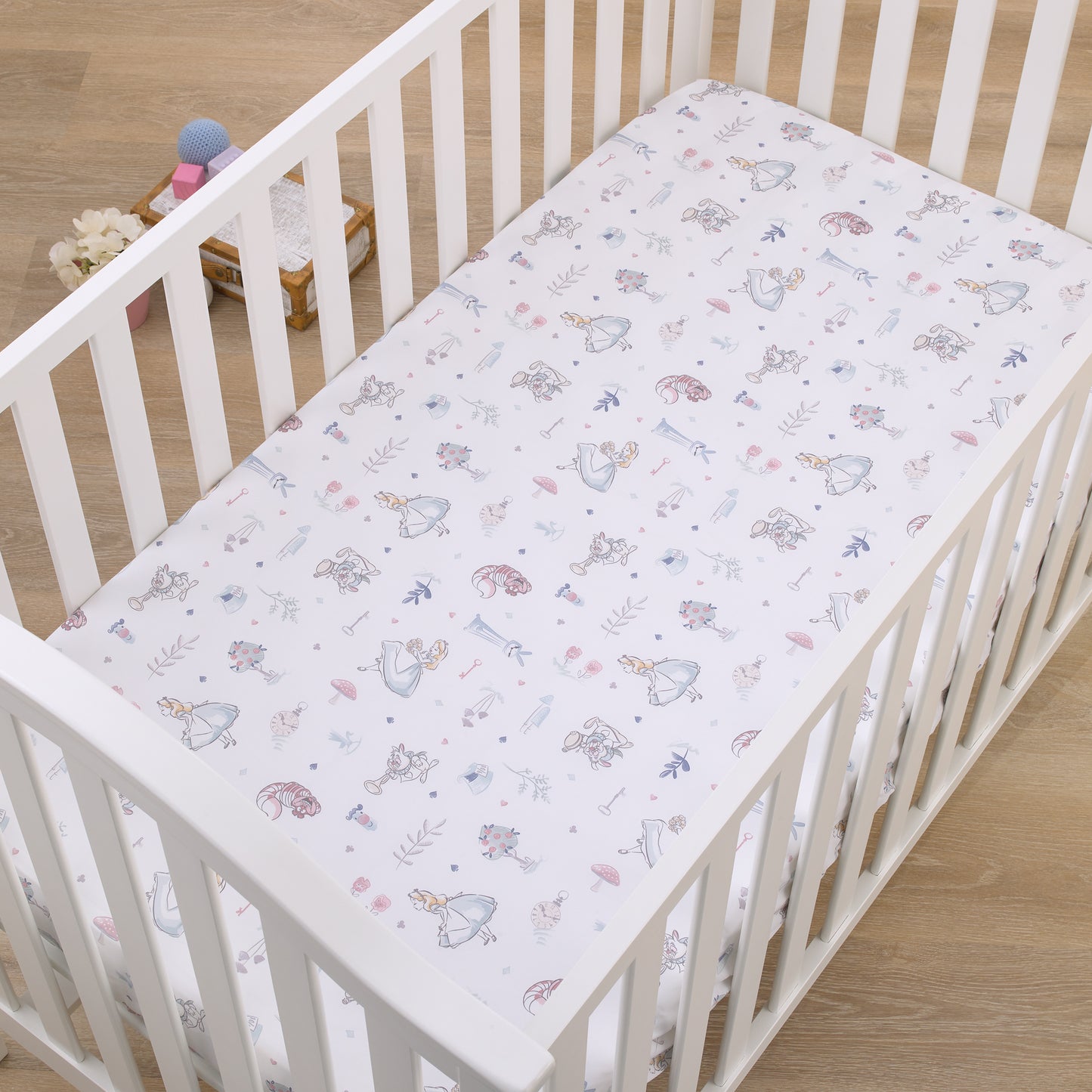 Disney Alice in Wonderland Light Blue, Pink, and White, Rabbit, and Cheshire Cat Super Soft Nursery Fitted Mini Crib Sheet
