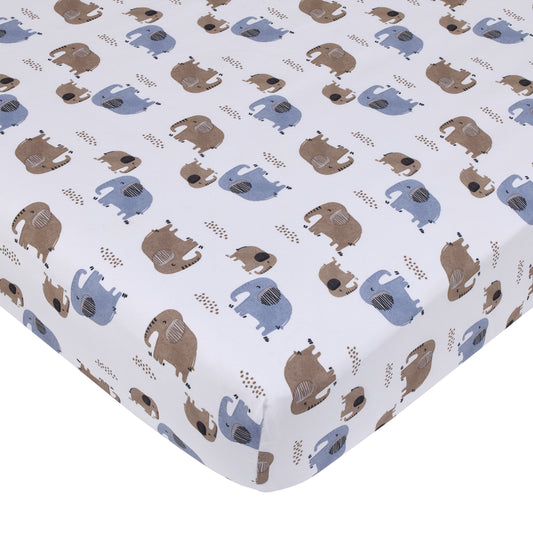Blue Elephant - White and Tan Elephants Super Soft Fitted Crib Sheet