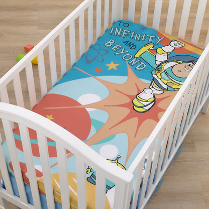 Disney Toy Story Buzz Lightyear Blue and Orange Blast Off To Infiniti and Beyond 100% Cotton Photo Op Fitted Crib Sheet
